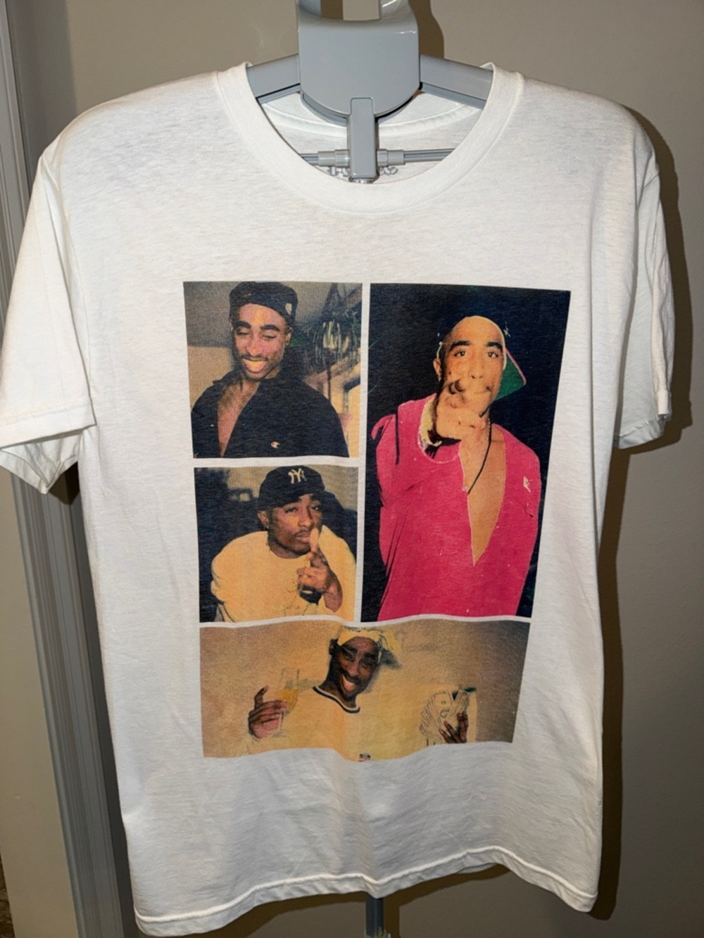 Tupac Shakur 2Pac-White Short Sleeve Graphic Tee with Photo Collage Print